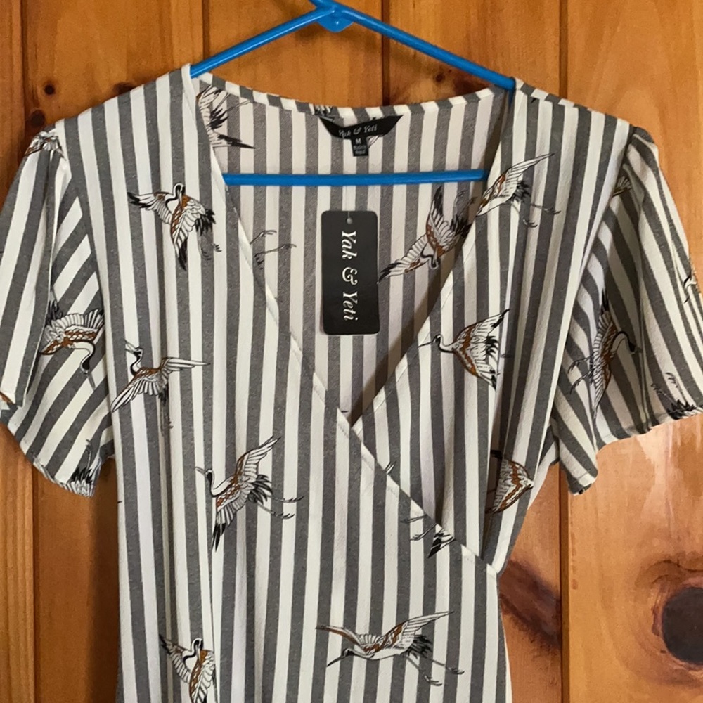Yak & Yeti wrap dress with crane/stripe print